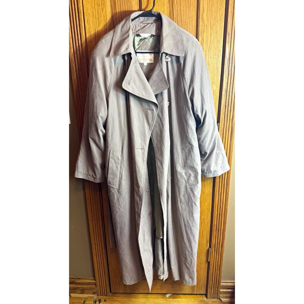 New York Harbor Women's Gray Long Trench Coat Size 14 Belted Pockets Button